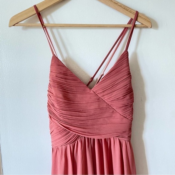 Lulu’s Rusty Rose Lace Back Maxi Dress Pintucked Chiffon Surplice Spaghetti L - Picture 5 of 10